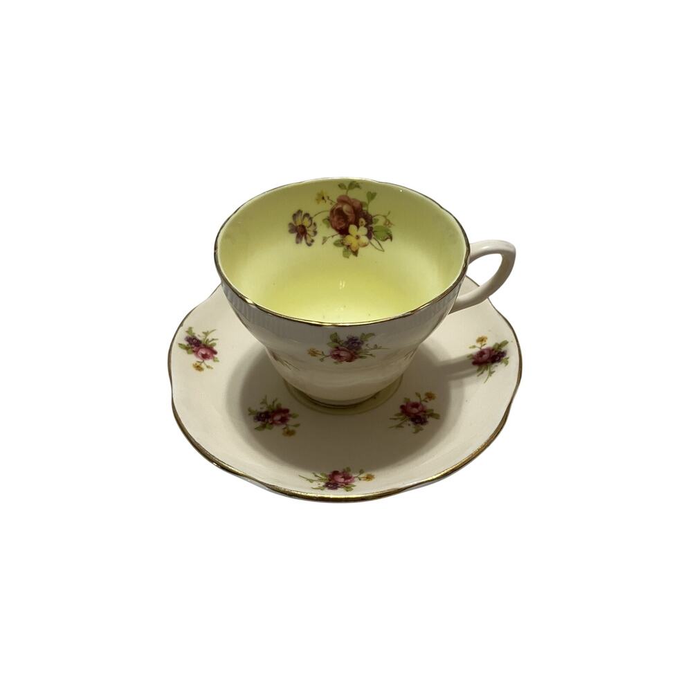 Foley Bone China Rosette Pink and Biqsue Teacup and Saucer Set Yellow Interior
